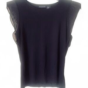 Tahari Womens Size S Black Dressy Top Sleeveless Sheer Mesh Ruffle Trim Stretch